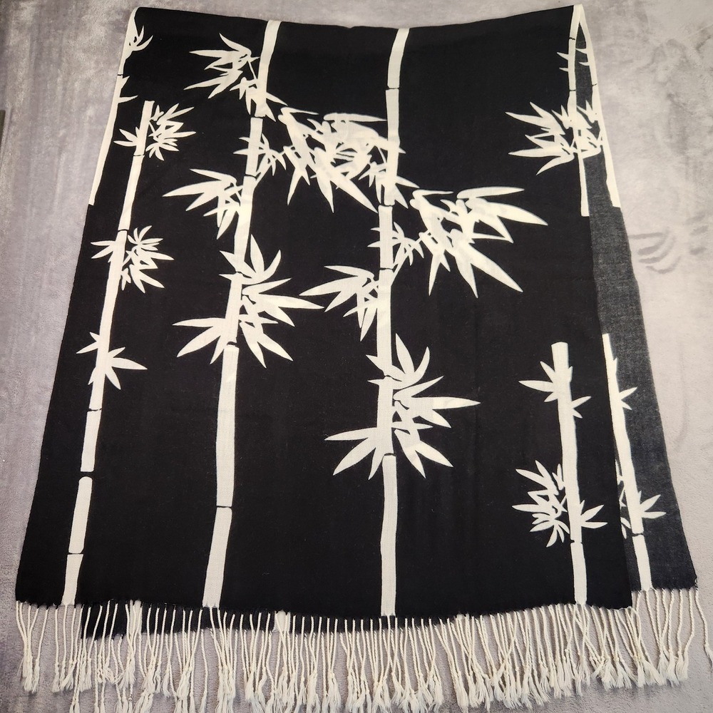Vintage Black White Bamboo Print Cotton Scarf Shawl Wrap Fringe Stole 28x70